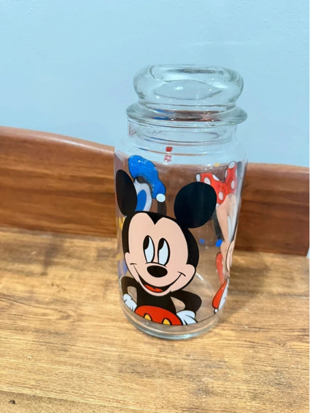 Vintage Disney Mickey Minnie Donald Duck Glass Canister Jar with Lid